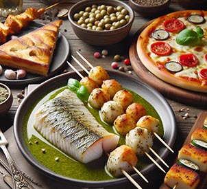 Un plato con pescado blanco en salsa verde, otro plato con pinchos variados, otro plato con pizza y otro plato con un bizcocho casero